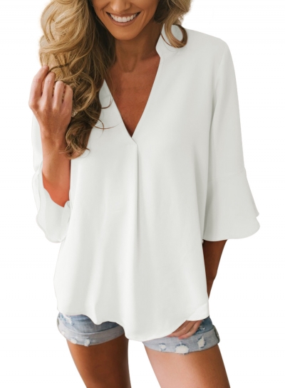 Casual Peplum Sleeve V Neck Loose Solid Color Blouse