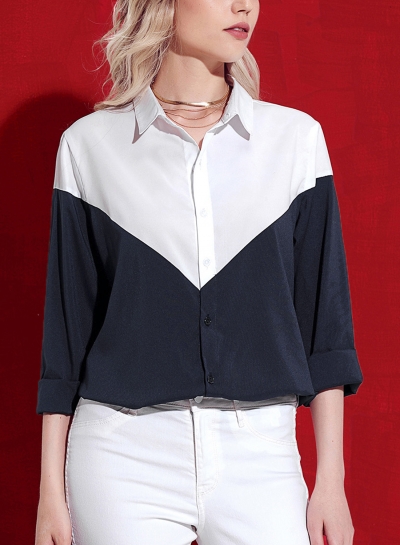 Turn-Down Collar Long Sleeve Color Block Button Down Shirt zecalaba.com