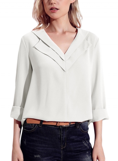 Casual V Neck Long Sleeve Loose Solid Color Blouse