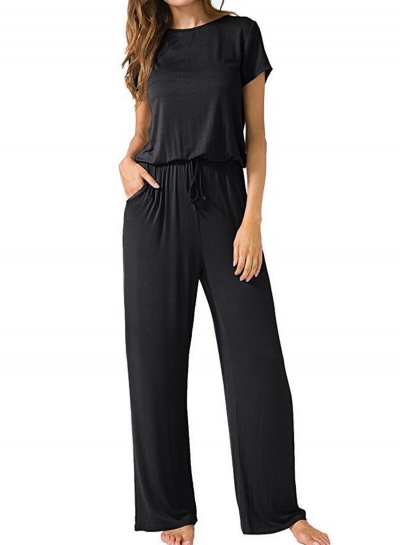 Black Round Neck Short Sleeve Elastic Waist Wide Leg Loose jumpsuit zecalaba.com