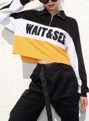 Yellow Casual Letters Print Long Sleeve Crop Top Loose Sweatshirt