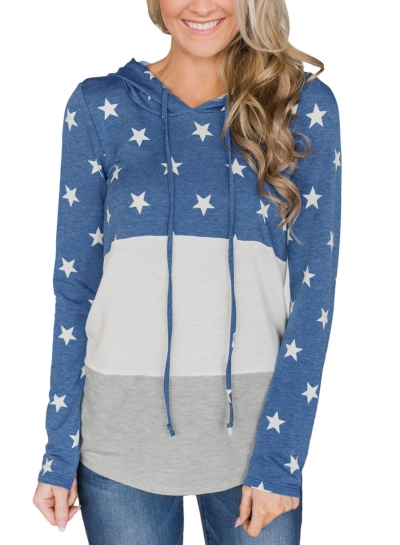 Navy Casual Starry Color Block Long Sleeve Loose Hoodie