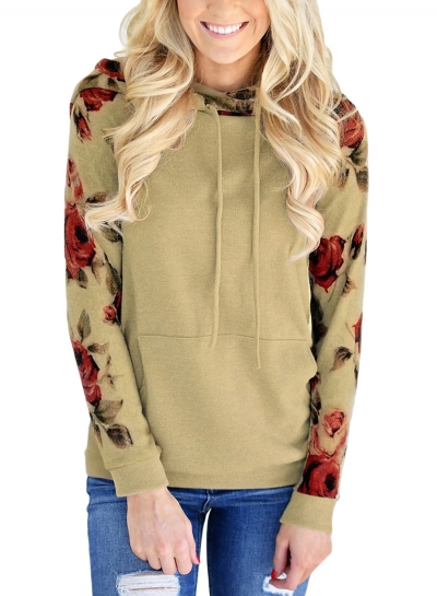 Khaki Casual Floral Print Long Sleeve Loose Hoodie With Pocket