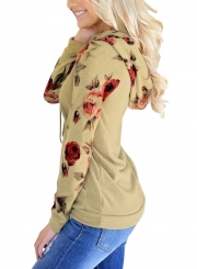 Khaki Casual Floral Print Long Sleeve Loose Hoodie With Pocket