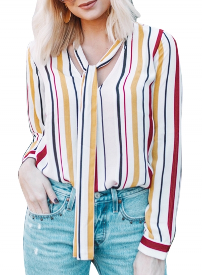 Yellow Casual Striped V Neck Long Sleeve Bow Top Loose Blouse zecalaba.com