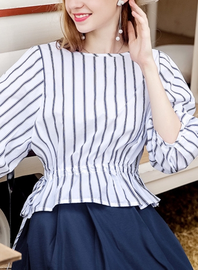 Blue&white Women's Striped Round Neck Half Sleeve Loose Blouse Top zecalaba.com