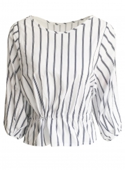 Blue&white Women's Striped Round Neck Half Sleeve Loose Blouse Top