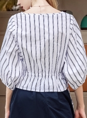 Blue&white Women's Striped Round Neck Half Sleeve Loose Blouse Top