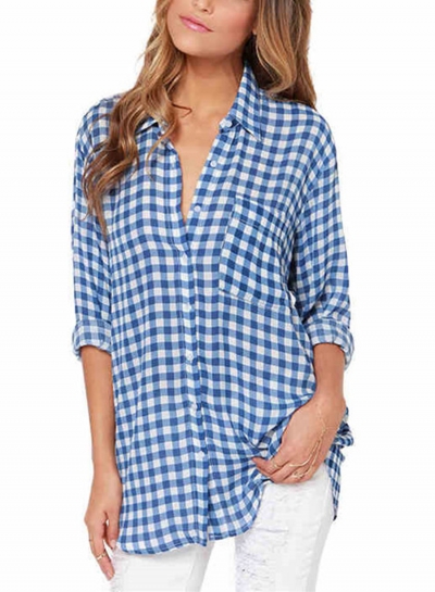 Summer Turn-Down Collar Long Sleeve Plaid Button Down Shirt