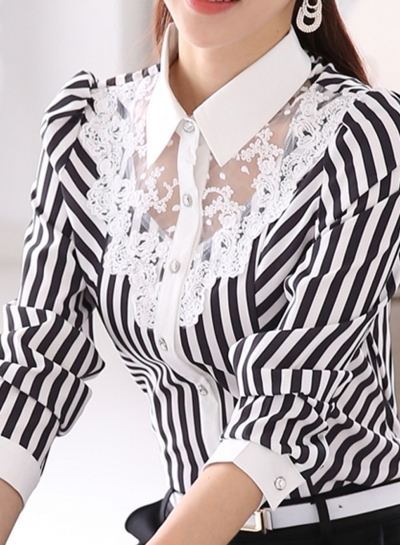 Striped Long Sleeve Turn-Down Collar Slim Lace Button Down Shirt