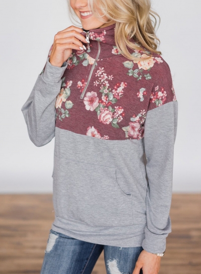 Floral Print Long Sleeve Zip Collar Loose Hoodie With Pocket