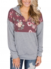 Floral Print Long Sleeve Zip Collar Loose Hoodie With Pocket