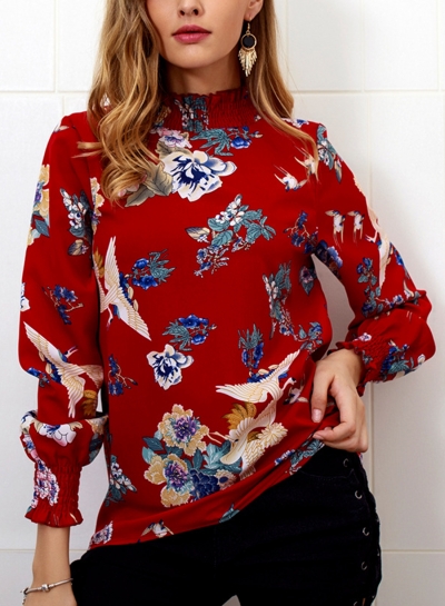 Burgundy Floral Print High Neck Long Sleeve Loose Pullover Blouse zecalaba.com