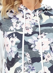 White Casual Floral Print Long Sleeve Color Block Loose Hoodie With Pocket