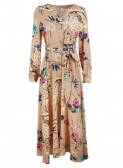 Khaki Floral Print V Neck Long Sleeve A-line Vocation Maxi Dress With Belt