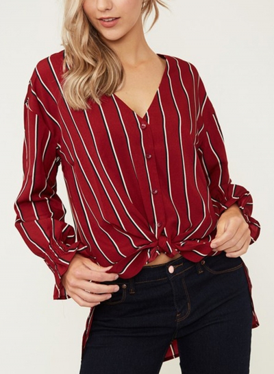 Red Chiffon Striped V Neck Long Sleeve High Low Loose Button Down Shirt zecalaba.com