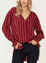 Red Chiffon Striped V Neck Long Sleeve High Low Loose Button Down Shirt