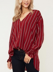 Red Chiffon Striped V Neck Long Sleeve High Low Loose Button Down Shirt