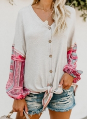 White Chiffon Printed V Neck Long Sleeve Knot Loose Button Down Knit Shirt