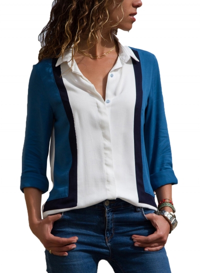 White Women's Striped Long Sleeve Turn-Down Collar Loose Button Down Shirt zecalaba.com