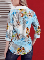 Mutil Women's Floral Print Long Sleeve Turn-Down Collar Loose Button Down Shirt