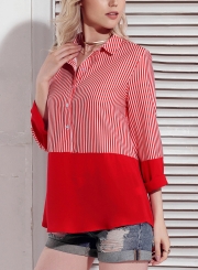 Red Women's Striped Long Sleeve Turn-Down Collar Button Down Shirt