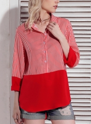 Red Women's Striped Long Sleeve Turn-Down Collar Button Down Shirt