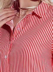 Red Women's Striped Long Sleeve Turn-Down Collar Button Down Shirt