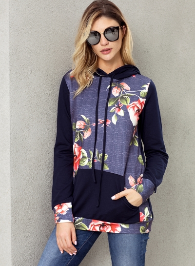 Navy Casual Floral Print Long Sleeve Color Block Loose Hoodie With Pocket zecalaba.com