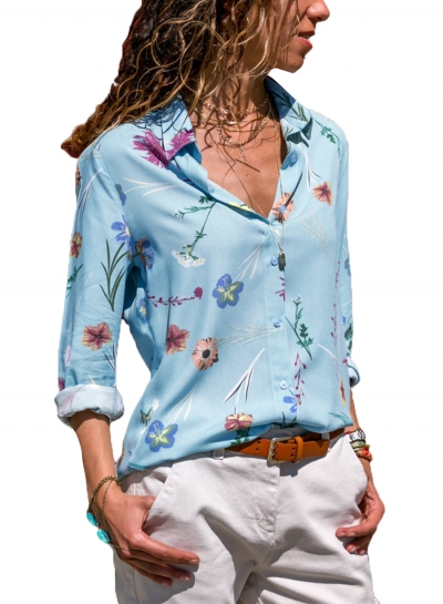 Light Blue Women's Floral Print Long Sleeve Turn-Down Collar Loose Button Down Shirt zecalaba.com