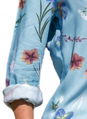 Light Blue Women's Floral Print Long Sleeve Turn-Down Collar Loose Button Down Shirt