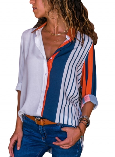 Orange Women's Striped Long Sleeve Turn-Down Collar Loose Button Down Shirt zecalaba.com