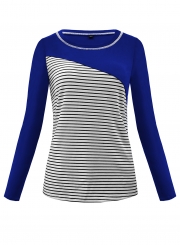 Blue Women's Casual Striped Round Neck Long Sleeve Loose Pullover Tee