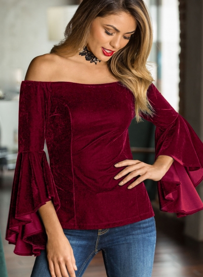 Burgundy Women's Off Shoulder Flare Sleeve Slim Solid Color Pullover Blouse zecalaba.com