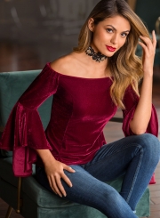 Burgundy Women's Off Shoulder Flare Sleeve Slim Solid Color Pullover Blouse