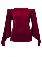 Burgundy Women's Off Shoulder Flare Sleeve Slim Solid Color Pullover Blouse