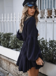 Black V Neck Lantern Sleeve Waist Drawstring Ruffle Mini Dress