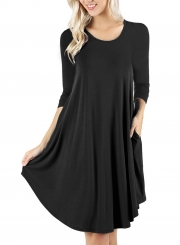 Round Neck Long Sleeves A-line Casual Dress With Pocket