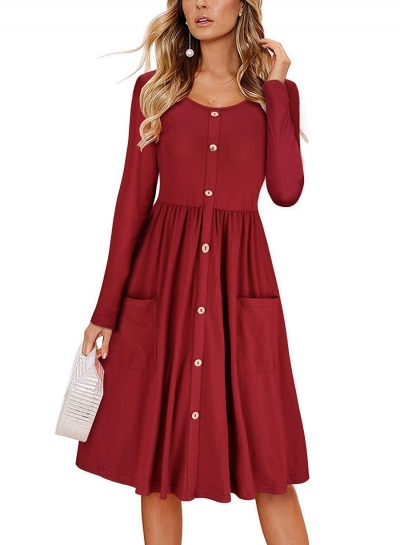 Long Sleeve Casual Button Down Loose Swing Dress With Pockets