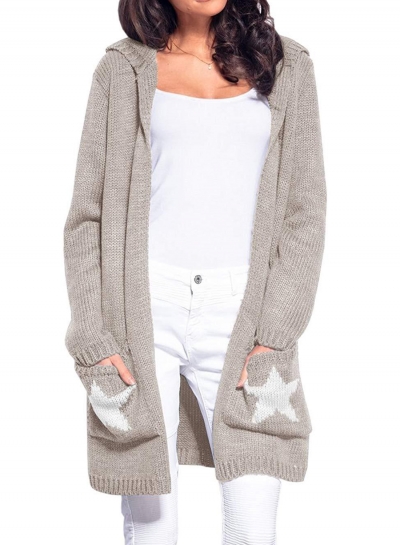 Casual Long Sleeve Star Pattern Open Front Hooded Chunky Cardigan