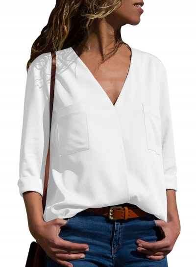 Casual V Neck Long Sleeve Loose Solid Color Blouse With Pockets