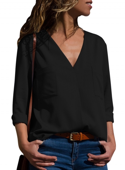 Casual V Neck Long Sleeve Loose Solid Color Blouse With Pockets zecalaba.com