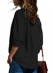 Casual V Neck Long Sleeve Loose Solid Color Blouse With Pockets