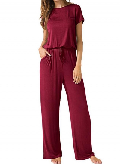 Round Neck Short Sleeve Elastic Waist Wide Leg Loose jumpsuit zecalaba.com