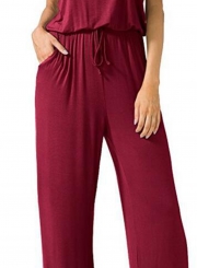 Round Neck Short Sleeve Elastic Waist Wide Leg Loose jumpsuit