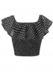 Sexy Off Shoulder Short Sleeve Slim Ruffle Polka Dot Crop Top