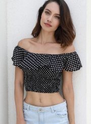 Sexy Off Shoulder Short Sleeve Slim Ruffle Polka Dot Crop Top