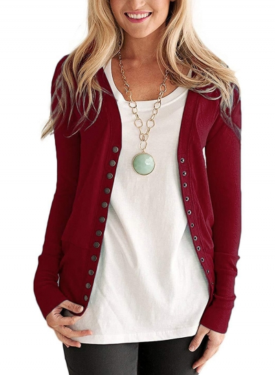 Casual V Neck Long Sleeve Slim Solid Color Button Down Cardigan