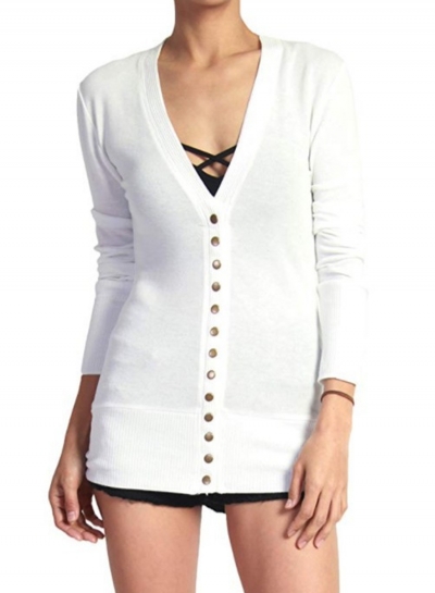 Casual V Neck Long Sleeve Slim Solid Color Button Down Cardigan zecalaba.com