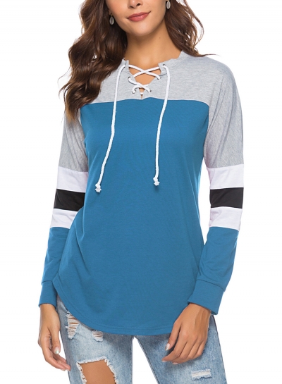 Casual Striped Long Sleeve Lace-Up Neck Color Block Loose Tee zecalaba.com